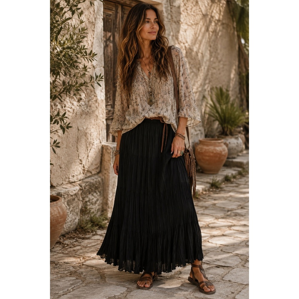 Longhorn S Black Maxi Skirt Broomstick Pleated Tiered Western Boho Whimsigoth